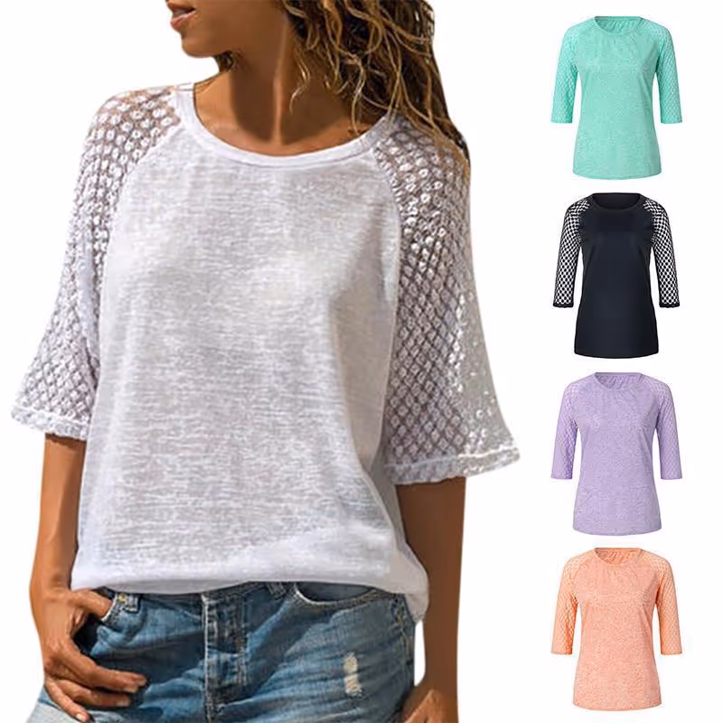 Women's T-shirt - Lace Stitching and Round Neckline
